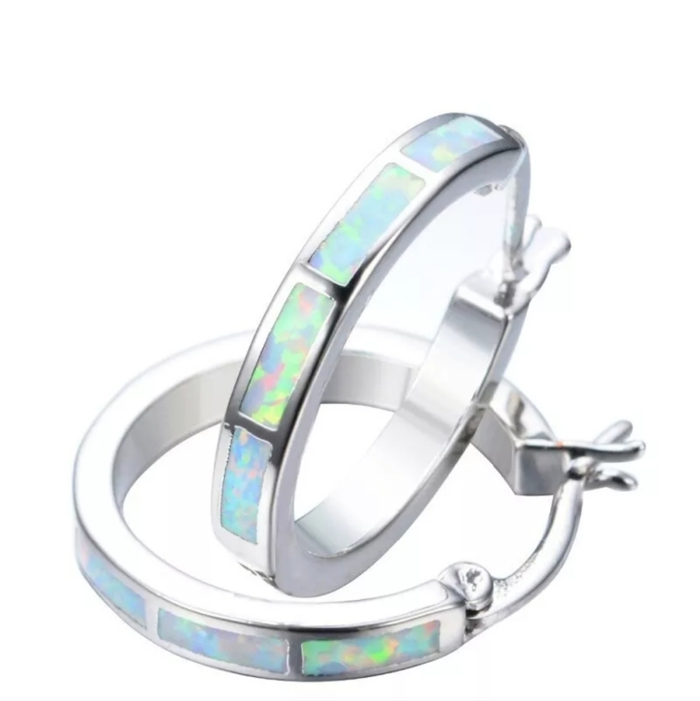 PRICE DROP!White Simulated Opal Hoop Earring with Siver Overlay